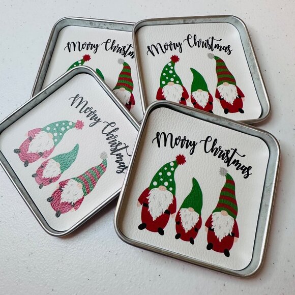 Holiday Christmas Gnome Coaster Set 4 tin coasters plus holder with handle - Picture 2 of 14